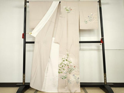 平和屋着物▽訪問着　単衣　友禅　駒刺繍　枝花文　暈し染め　銀彩　正絹　逸品　未使用　AABI7219cs