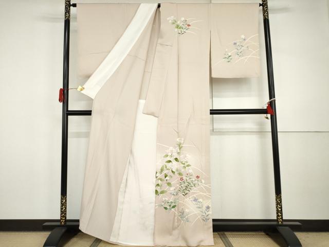 平和屋着物▽訪問着　単衣　友禅　駒刺繍　枝花文　暈し染め　銀彩　正絹　逸品　未使用　AABI7219cs