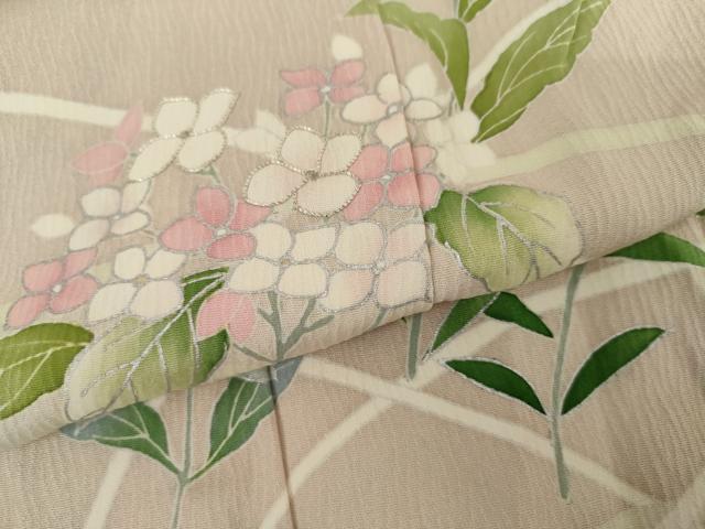 平和屋着物▽訪問着　単衣　友禅　駒刺繍　枝花文　暈し染め　銀彩　正絹　逸品　未使用　AABI7219cs