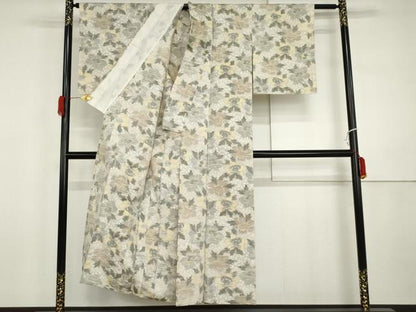 平和屋着物▽上質な紬　単衣　草花文　正絹　逸品　AABI7224cs