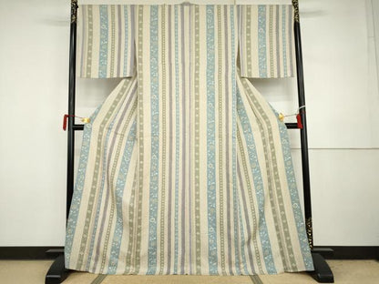 平和屋着物▽上質な小紋　単衣　更紗花間道　金彩　正絹　逸品　AABI7226cs