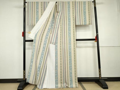 平和屋着物▽上質な小紋　単衣　更紗花間道　金彩　正絹　逸品　AABI7226cs