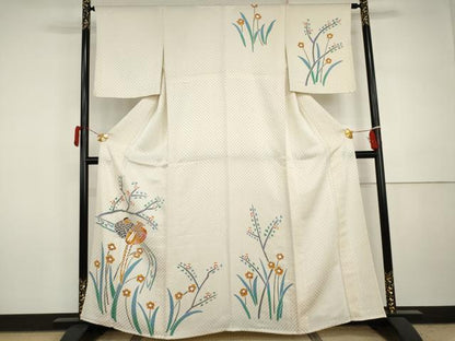 平和屋着物▽訪問着　単衣　手描き　花鳥文　金通し地　正絹　逸品　AABI7227cs