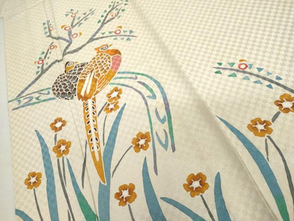 平和屋着物▽訪問着　単衣　手描き　花鳥文　金通し地　正絹　逸品　AABI7227cs