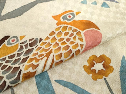 平和屋着物▽訪問着　単衣　手描き　花鳥文　金通し地　正絹　逸品　AABI7227cs