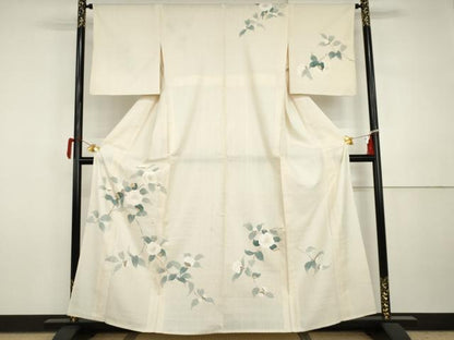平和屋着物▽生紬　訪問着　単衣　友禅　枝花文　正絹　逸品　AABI7229cs