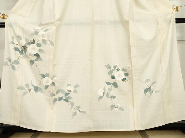 平和屋着物▽生紬　訪問着　単衣　友禅　枝花文　正絹　逸品　AABI7229cs