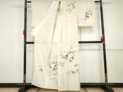 平和屋着物▽生紬　訪問着　単衣　友禅　枝花文　正絹　逸品　AABI7229cs