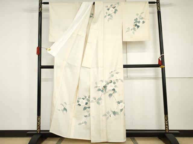 平和屋着物▽生紬　訪問着　単衣　友禅　枝花文　正絹　逸品　AABI7229cs
