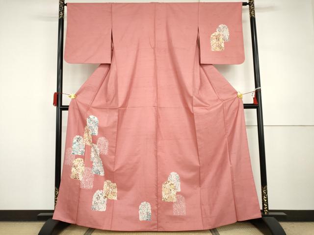 平和屋着物▽白山紬　訪問着　単衣　草花文　正絹　逸品　AABI7230cs