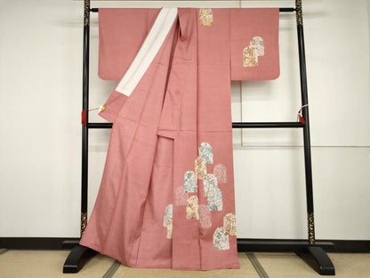平和屋着物▽白山紬　訪問着　単衣　草花文　正絹　逸品　AABI7230cs