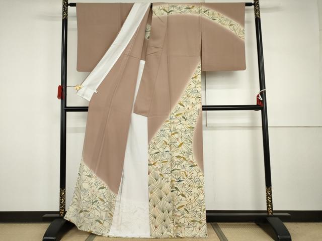 平和屋着物▽訪問着　単衣　型染め　枝葉文　暈し染め　正絹　逸品　AABI7231cs