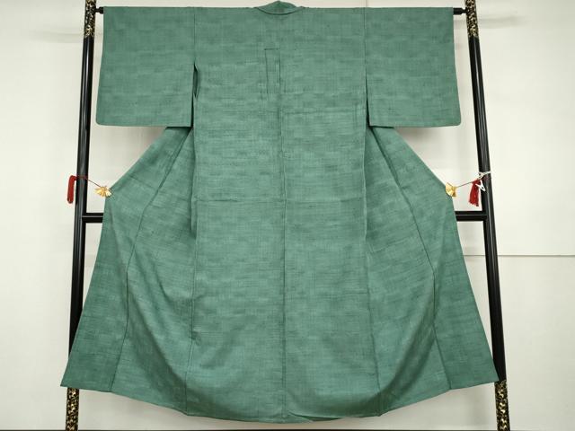 平和屋着物▽上質な紬　単衣　色無地　木賊色　正絹　逸品　AABI7234cs