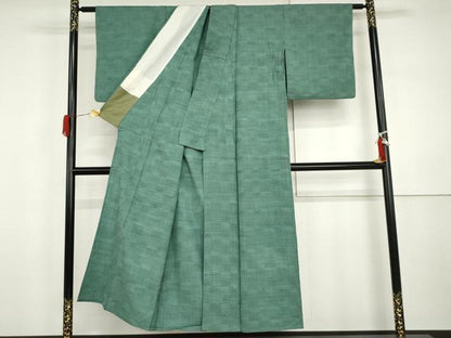 平和屋着物▽上質な紬　単衣　色無地　木賊色　正絹　逸品　AABI7234cs