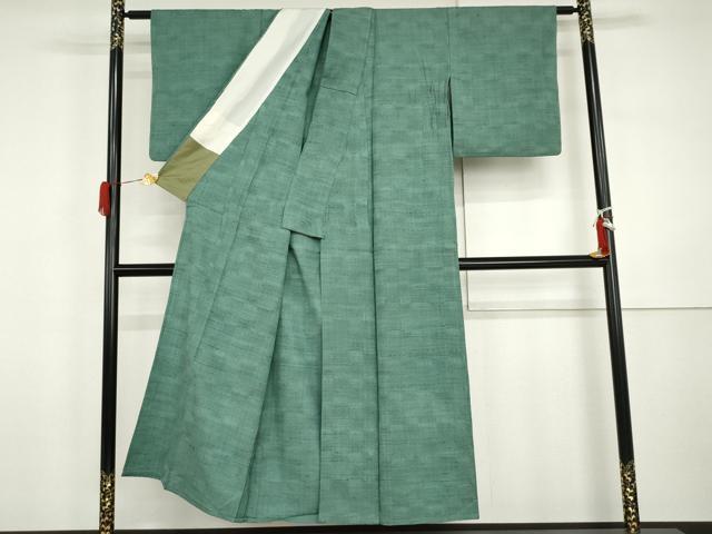 平和屋着物▽上質な紬　単衣　色無地　木賊色　正絹　逸品　AABI7234cs