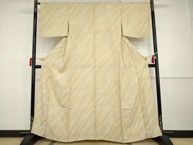 平和屋着物▽上質な小紋　単衣　地紋起こし　よろけ縞　正絹　逸品　AABI7235cs