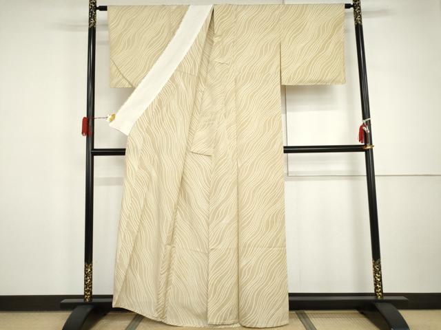 平和屋着物▽上質な小紋　単衣　地紋起こし　よろけ縞　正絹　逸品　AABI7235cs