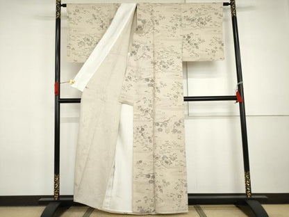 平和屋着物▽上質な紬　単衣　風景草花文　さが美扱い　正絹　逸品　AABI7236cs