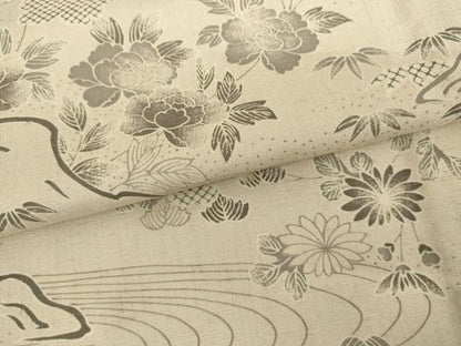 平和屋着物▽上質な紬　単衣　風景草花文　さが美扱い　正絹　逸品　AABI7236cs