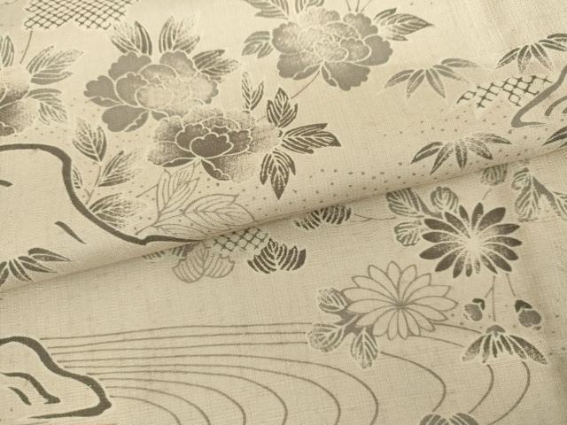 平和屋着物▽上質な紬　単衣　風景草花文　さが美扱い　正絹　逸品　AABI7236cs