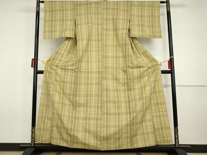 平和屋着物▽上質な紬　単衣　格子　正絹　逸品　AABI7237cs