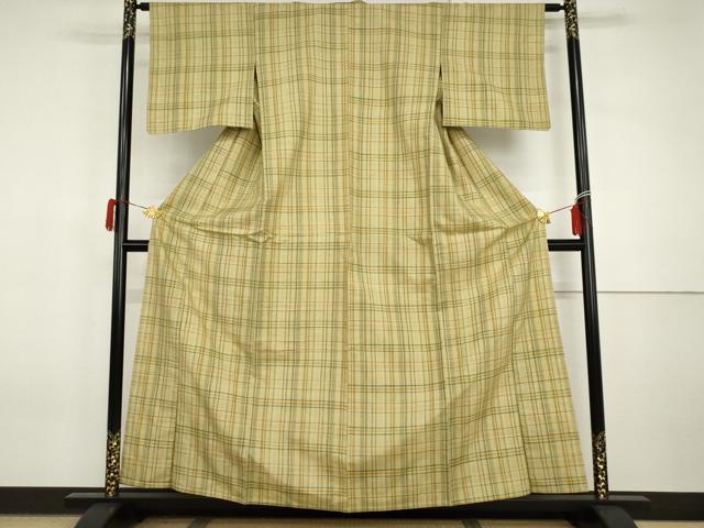 平和屋着物▽上質な紬　単衣　格子　正絹　逸品　AABI7237cs