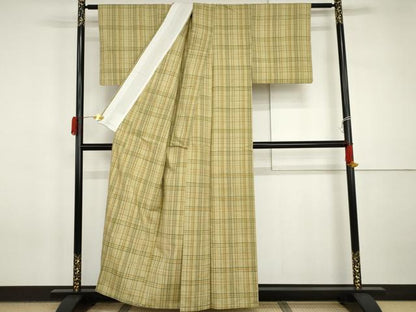 平和屋着物▽上質な紬　単衣　格子　正絹　逸品　AABI7237cs