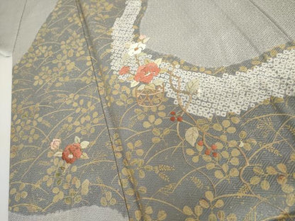 平和屋着物▽訪問着　単衣　絞り　刺繍　花篭文　金糸　金彩　正絹　逸品　AABI7244cs