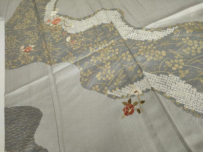 平和屋着物▽訪問着　単衣　絞り　刺繍　花篭文　金糸　金彩　正絹　逸品　AABI7244cs