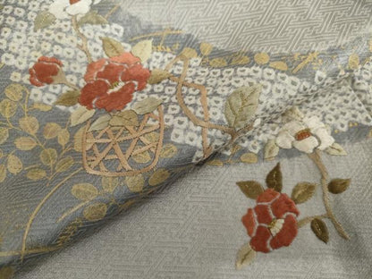 平和屋着物▽訪問着　単衣　絞り　刺繍　花篭文　金糸　金彩　正絹　逸品　AABI7244cs