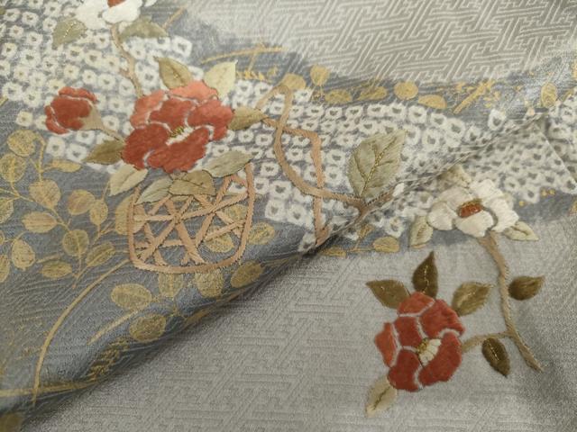 平和屋着物▽訪問着　単衣　絞り　刺繍　花篭文　金糸　金彩　正絹　逸品　AABI7244cs