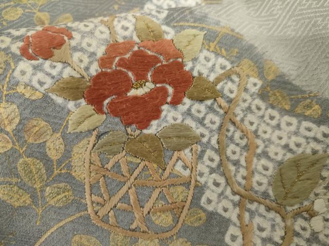 平和屋着物▽訪問着　単衣　絞り　刺繍　花篭文　金糸　金彩　正絹　逸品　AABI7244cs