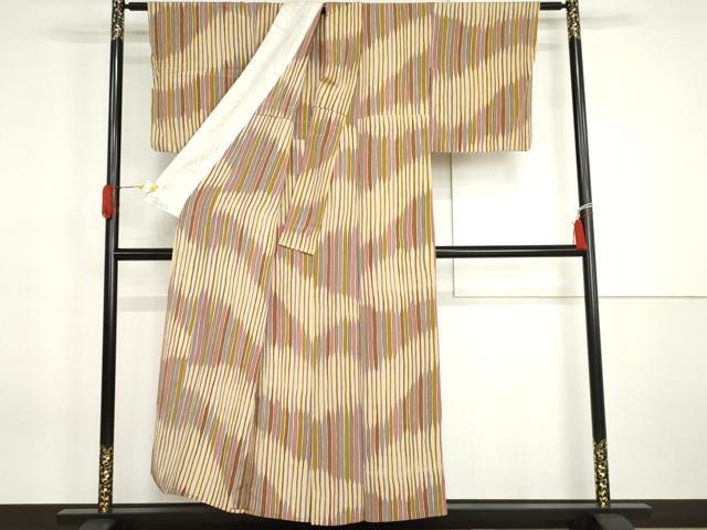 平和屋着物▽上質な小紋　単衣　変わり縞　鬼しぼ縮緬　正絹　逸品　AABI7246cs