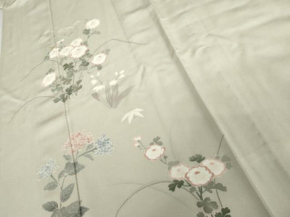 平和屋着物▽訪問着　単衣　友禅　刺繍　草花文　正絹　逸品　AABI7247cs