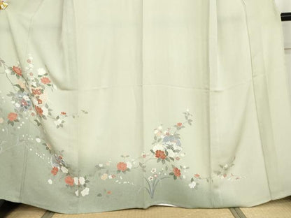 平和屋着物▽訪問着　単衣　友禅　雪輪枝花文　暈し染め　正絹　逸品　AABI7251cs