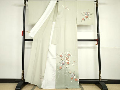 平和屋着物▽訪問着　単衣　友禅　雪輪枝花文　暈し染め　正絹　逸品　AABI7251cs