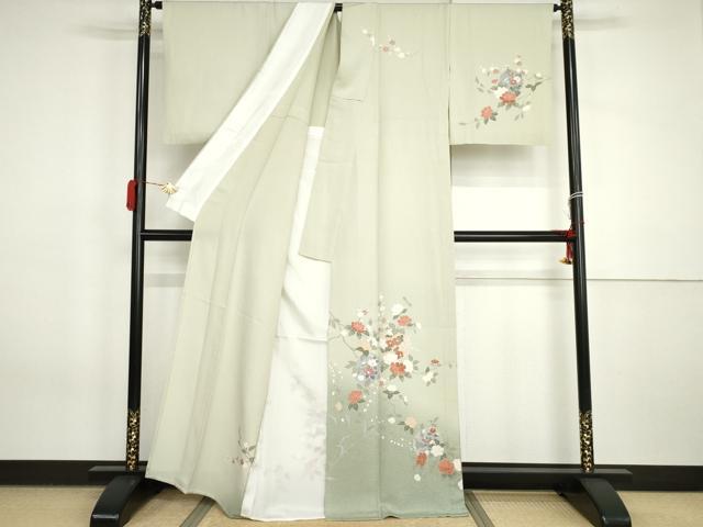 平和屋着物▽訪問着　単衣　友禅　雪輪枝花文　暈し染め　正絹　逸品　AABI7251cs