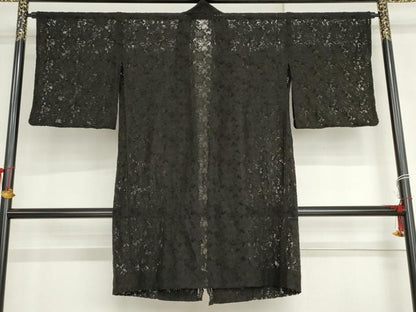 平和屋着物▽道中着　スリーシーズン　春夏秋　塵除け　総レース　草花文　黒地　正絹　逸品　AABI7252cs