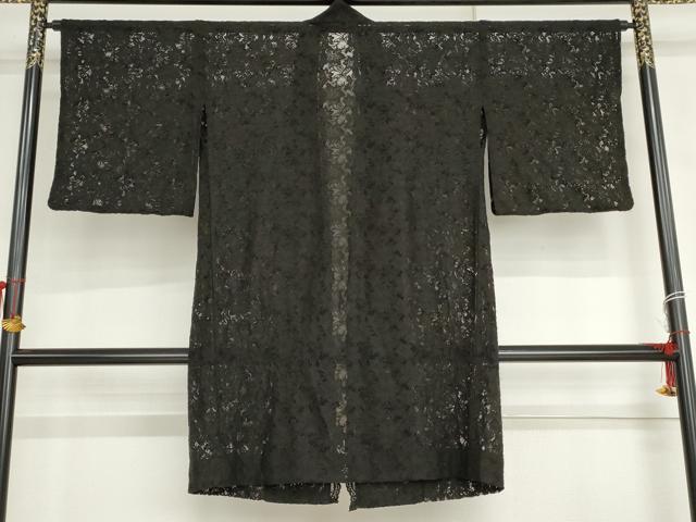 平和屋着物▽道中着　スリーシーズン　春夏秋　塵除け　総レース　草花文　黒地　正絹　逸品　AABI7252cs