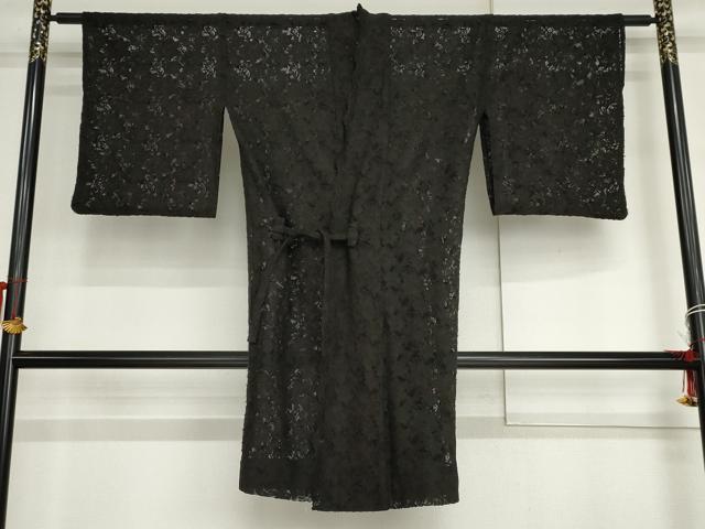 平和屋着物▽道中着　スリーシーズン　春夏秋　塵除け　総レース　草花文　黒地　正絹　逸品　AABI7252cs
