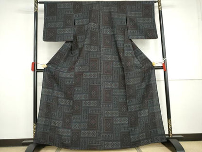 平和屋着物▽本塩沢　単衣　幾何学花文　正絹　逸品　AABI7253cs
