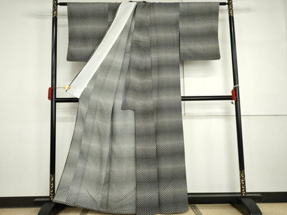 平和屋着物▽小紋　単衣　花菱文　黒地　洗える着物　AABI7254cs