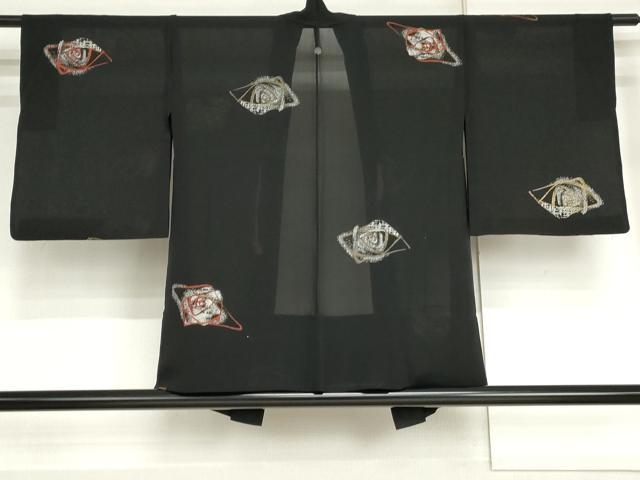 平和屋着物▽羽織　スリーシーズン　春夏秋　塵除け　幾何学文様　黒地　銀糸　正絹　逸品　AABI7256cs