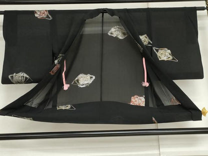 平和屋着物▽羽織　スリーシーズン　春夏秋　塵除け　幾何学文様　黒地　銀糸　正絹　逸品　AABI7256cs