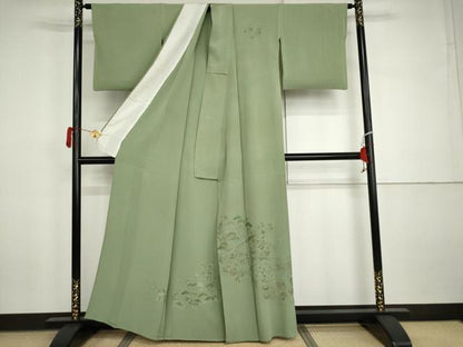平和屋着物▽訪問着　単衣　中国三大刺繍　スワトウ刺繍　汕頭刺繍　松竹梅風景文　正絹　逸品　AABI7259cs