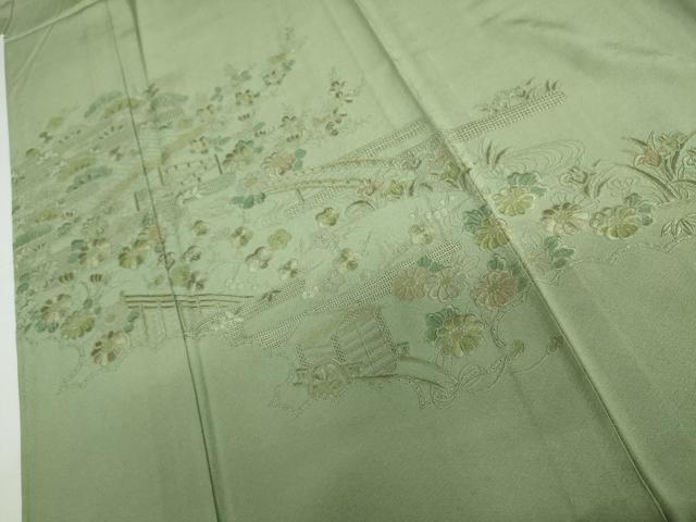 平和屋着物▽訪問着　単衣　中国三大刺繍　スワトウ刺繍　汕頭刺繍　松竹梅風景文　正絹　逸品　AABI7259cs