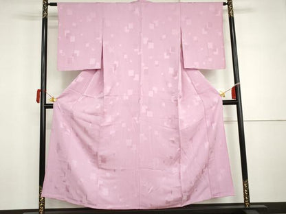 平和屋着物▽上質な色無地　単衣　色紙重ね地紋　緋花色　正絹　逸品　未使用　AABI7265cs