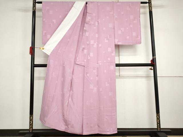 平和屋着物▽上質な色無地　単衣　色紙重ね地紋　緋花色　正絹　逸品　未使用　AABI7265cs