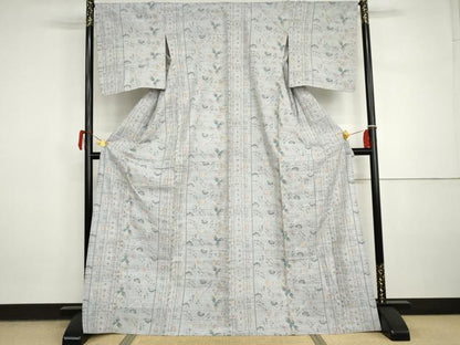 平和屋着物▽上質な紬 　単衣　更紗花文　正絹　逸品　未使用　AABI7266cs