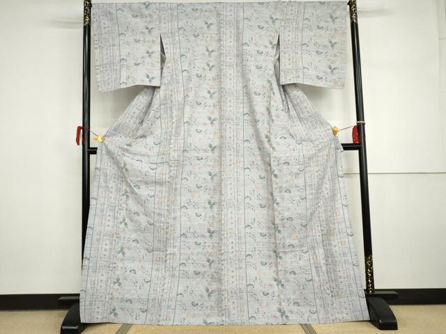 平和屋着物▽上質な紬 　単衣　更紗花文　正絹　逸品　未使用　AABI7266cs